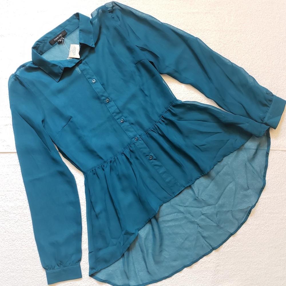 Paper Tee Sheer High Low Long Sleeve Blouse